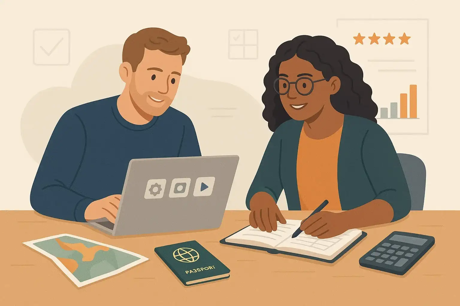 Blogsora writers collaborating on travel and finance content with laptop and research materials