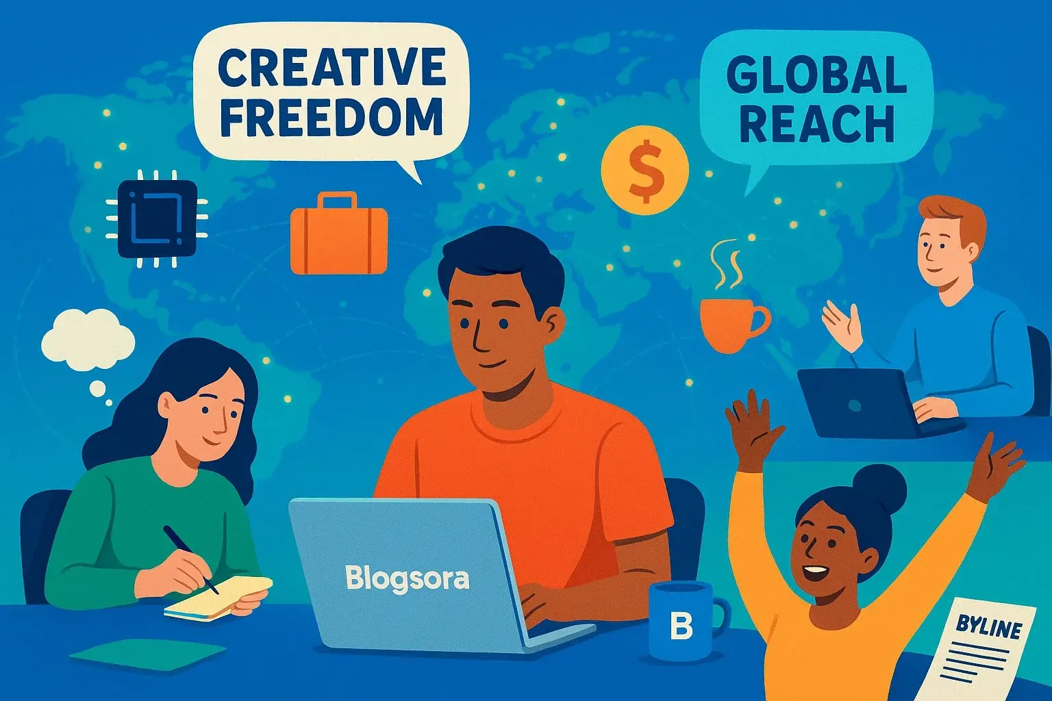 Young creators working together on Blogsora writing jobs with global reach and creative freedom.