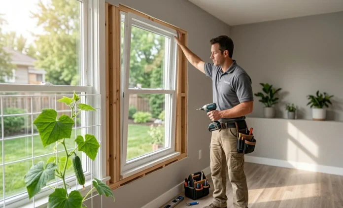 Professional installing a double-hung vinyl window during a home window replacement project