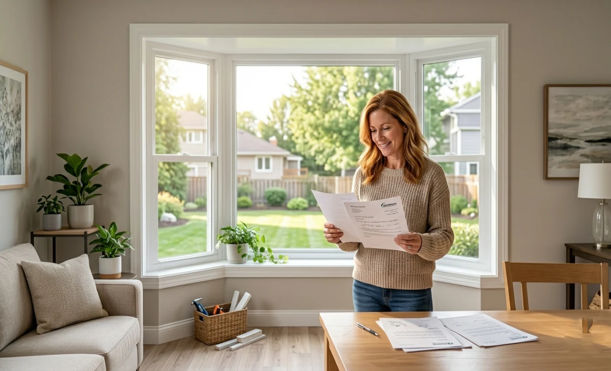How Much Does Window Replacement Cost in 2026? Homeowner reviewing window replacement quotes with a new bay window visible in the background