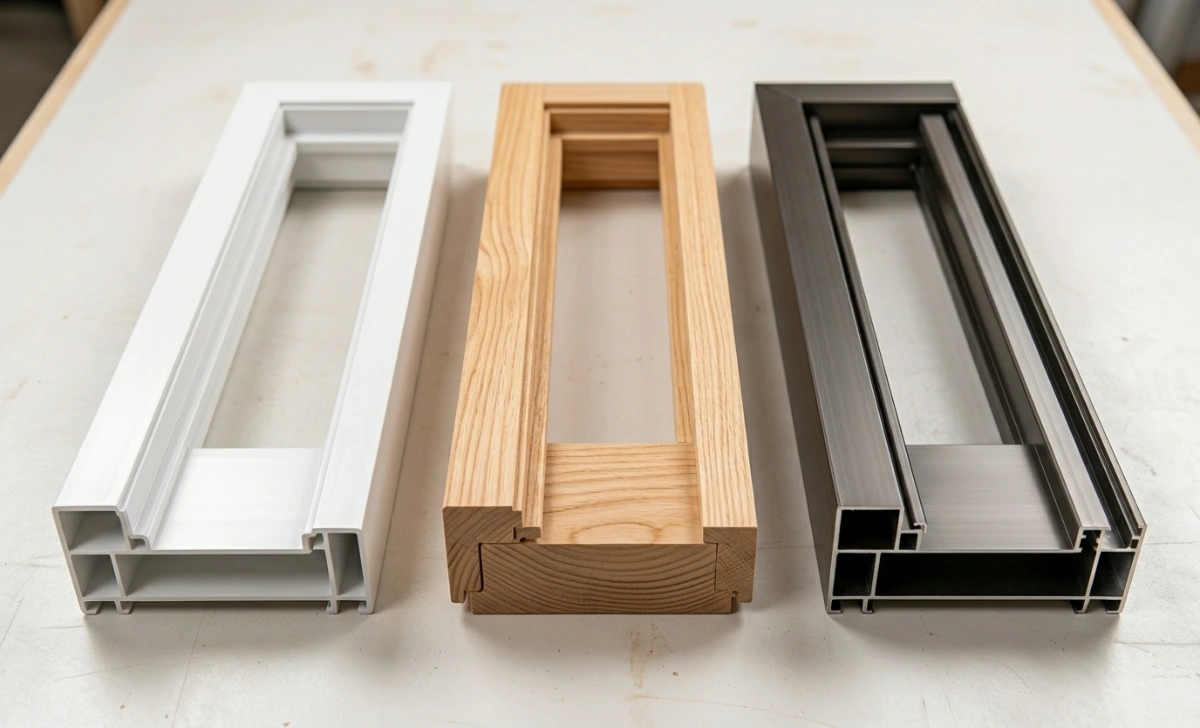 How Much Does Window Replacement Cost in 2026? Close-up comparison of vinyl, wood, and aluminum window frame materials on a flat surface