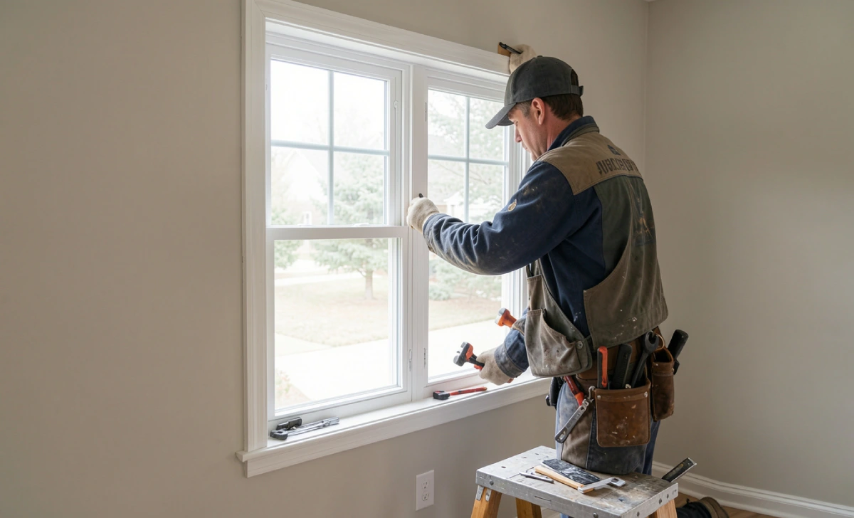 How Much Does Window Replacement Cost in 2026? Professional installer fitting a new vinyl window during a home window replacement project
