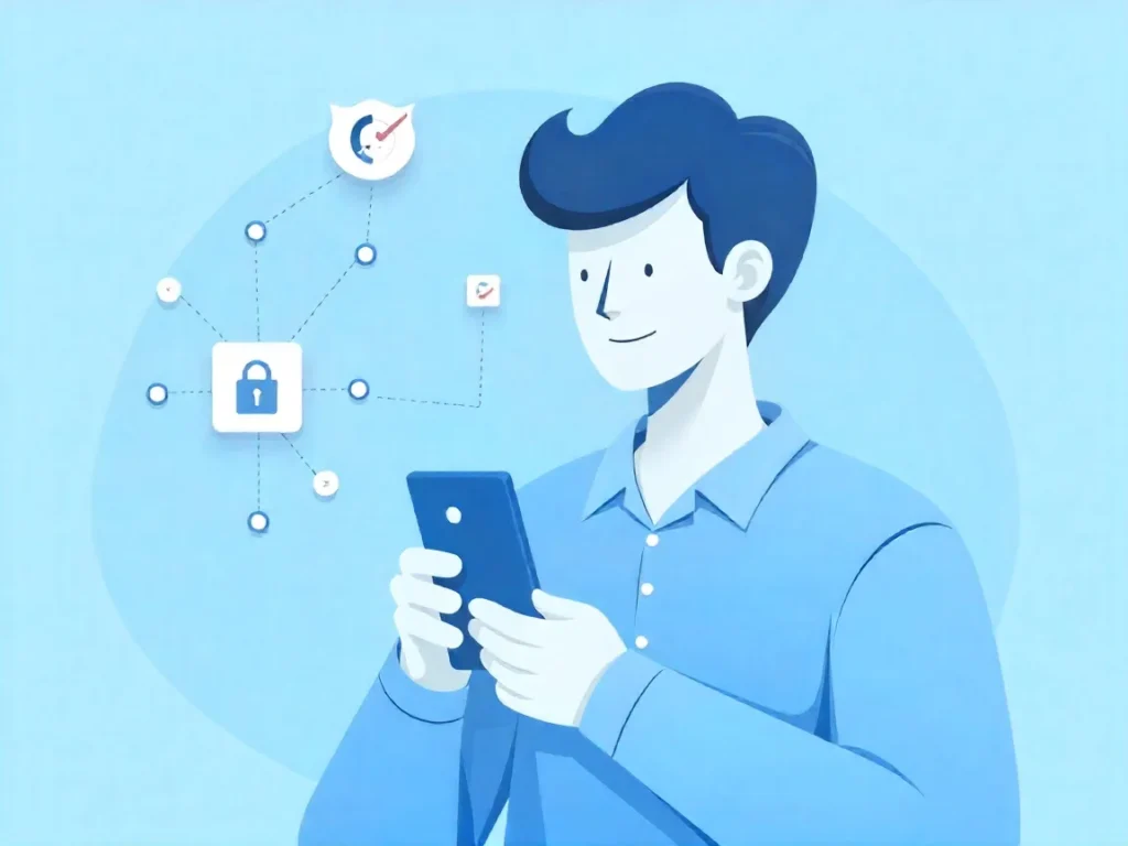 Person using smartphone with consumer privacy rights protection shields and data control icons