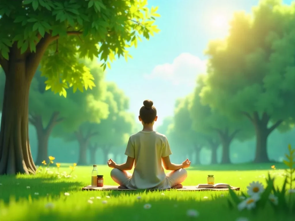 Person practicing mindfulness in a park to improve mental health naturally, with a journal, water bottle, and healthy snacks nearby.