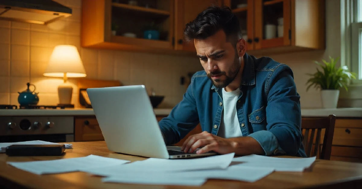 Tenant reviewing security deposit laws and rental agreement with calculator and documents