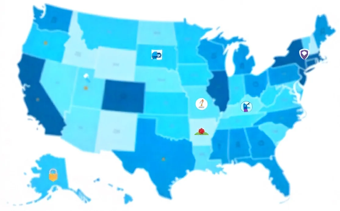 United States map highlighting 20 states with comprehensive consumer privacy rights laws in 2025