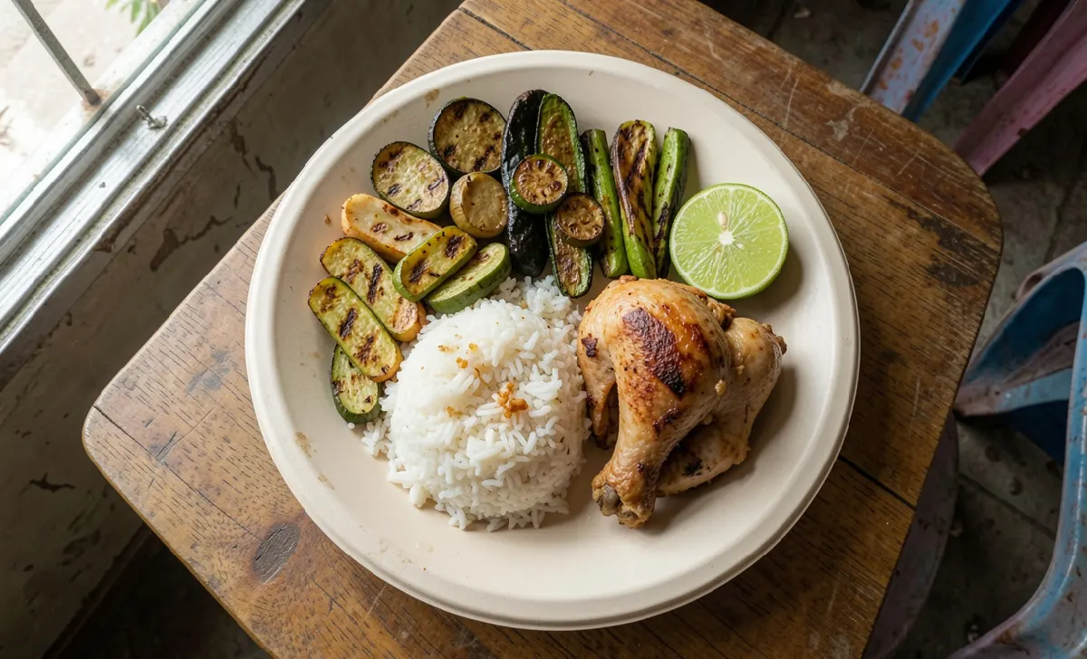 A complete affordable meal served at a local restaurant with rice, vegetables, and protein dish