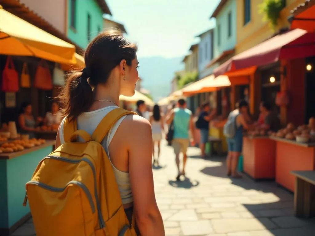 Group of travelers in a vibrant market using budget travel tips from experienced travelers, with backpacks and a travel app.