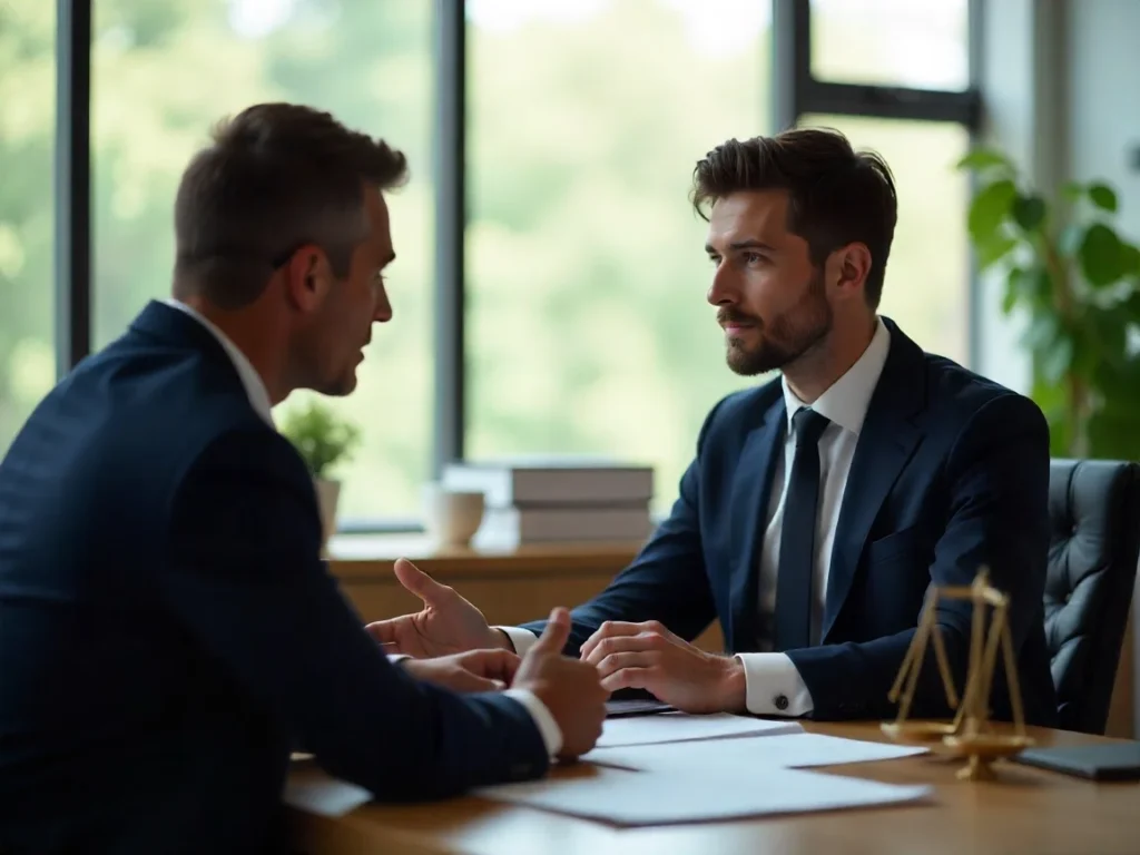 Professional lawyer answering common legal questions during client consultation in modern office setting