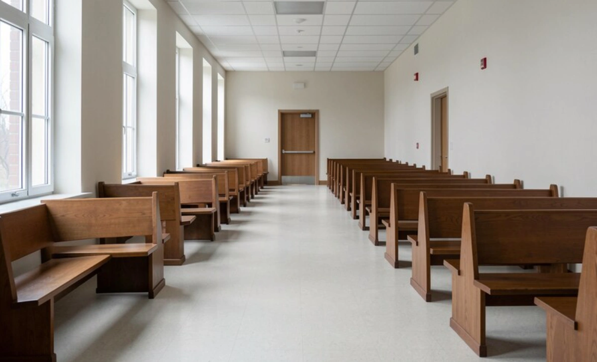 Can My Landlord Evict Me Without Notice? Courthouse hallway before an eviction hearing
