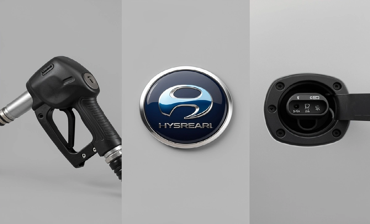 How to Buy a Car in 2026: What You Need to Know Before You Sign Gas pump, hybrid badge, and EV charging port shown side by side for powertrain comparison