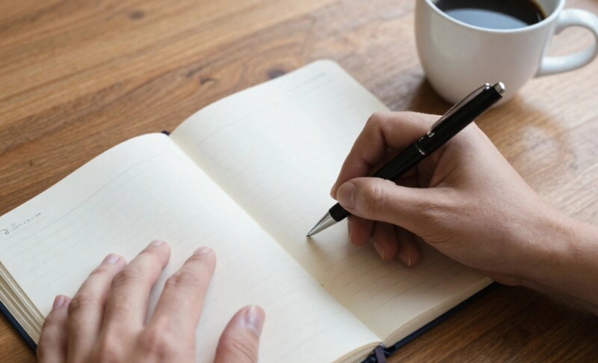 How to Build Resilience to Enhance Mental Wellness Hands writing in journal on wooden desk with pen and coffee cup