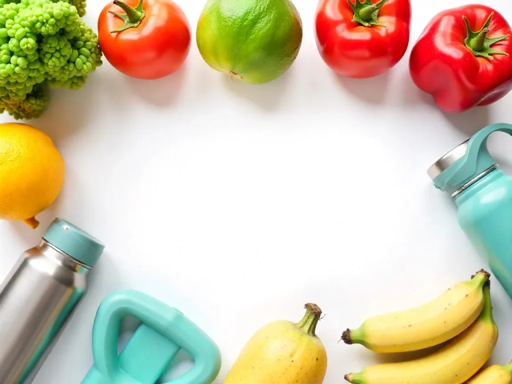Flat lay of lifestyle optimization tips elements including fresh vegetables, fruits, water bottle, and exercise equipment on clean white background