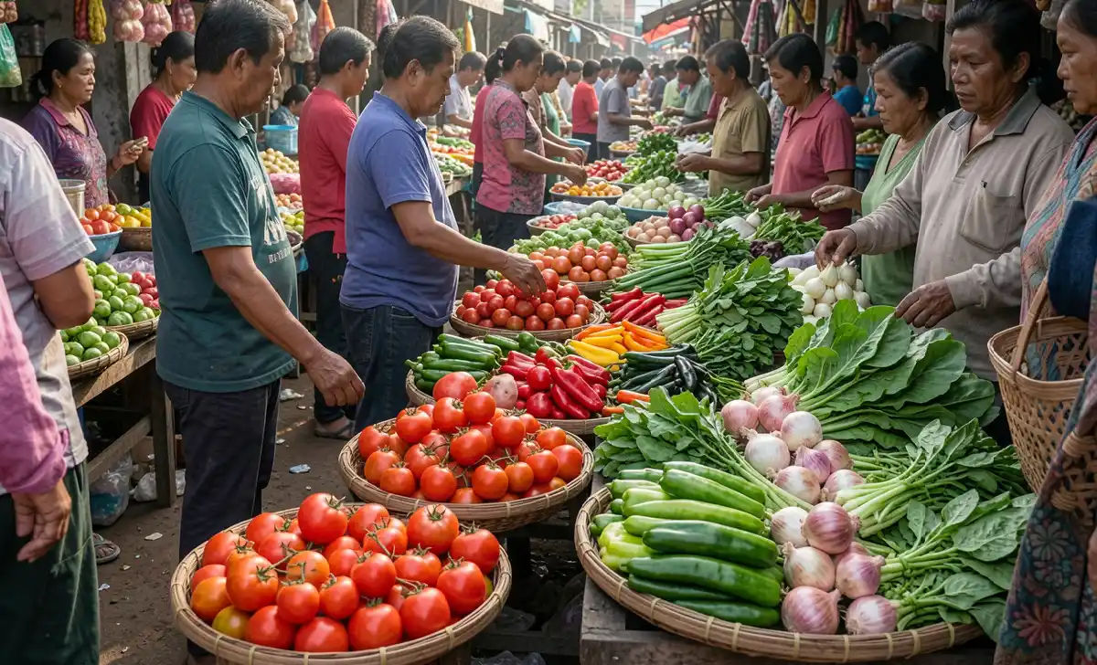 Fresh vegetables and produce at a local market with vendors selling to locals