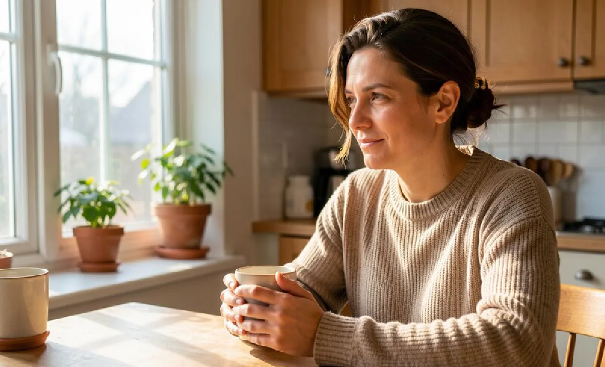 What Signs Indicate Strong Mental Wellness Person having a calm morning moment with coffee, reflecting peacefully