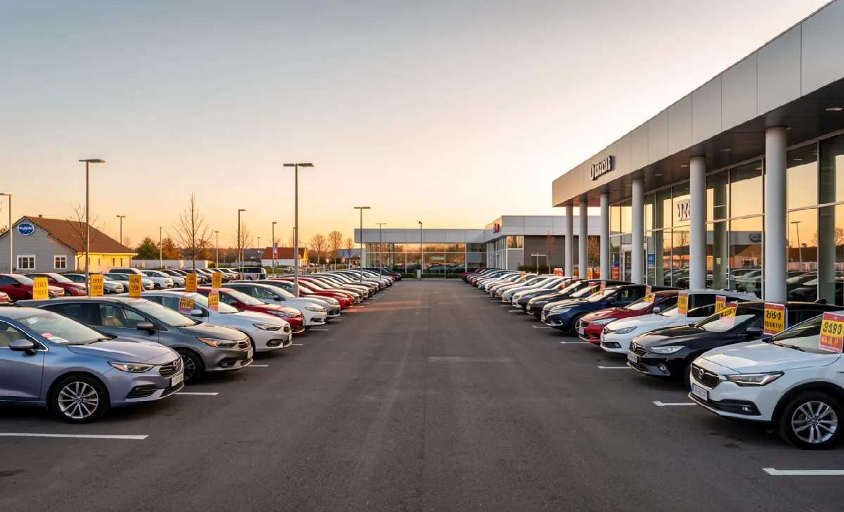 How to Buy a Car in 2026: What You Need to Know Before You Sign New car dealership lot showing rows of 2024 and 2025 vehicles with window stickers