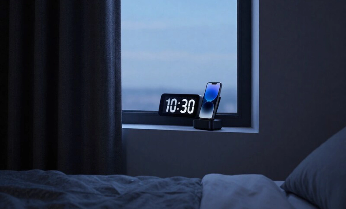 Bedroom arranged with evidence-based sleep hygiene practices including device separation, temperature control, and minimal light exposure