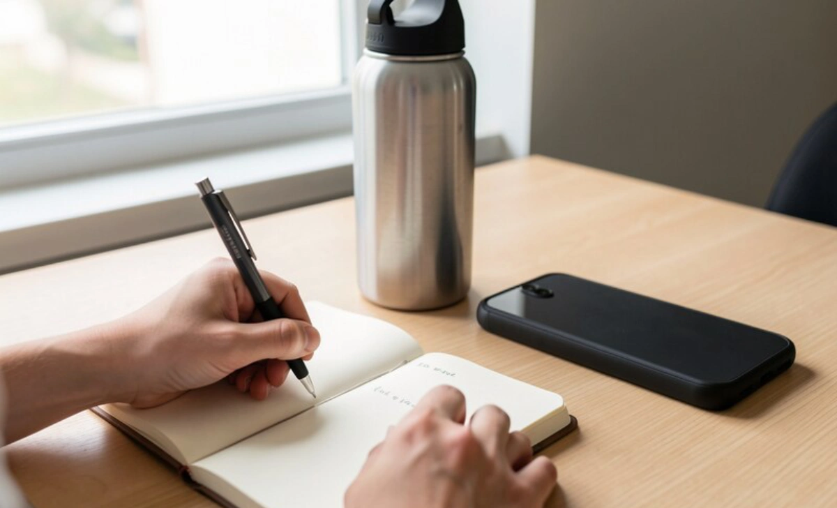What Signs Indicate Strong Mental Wellness Hands writing in journal with water bottle nearby, showing simple daily wellness practices