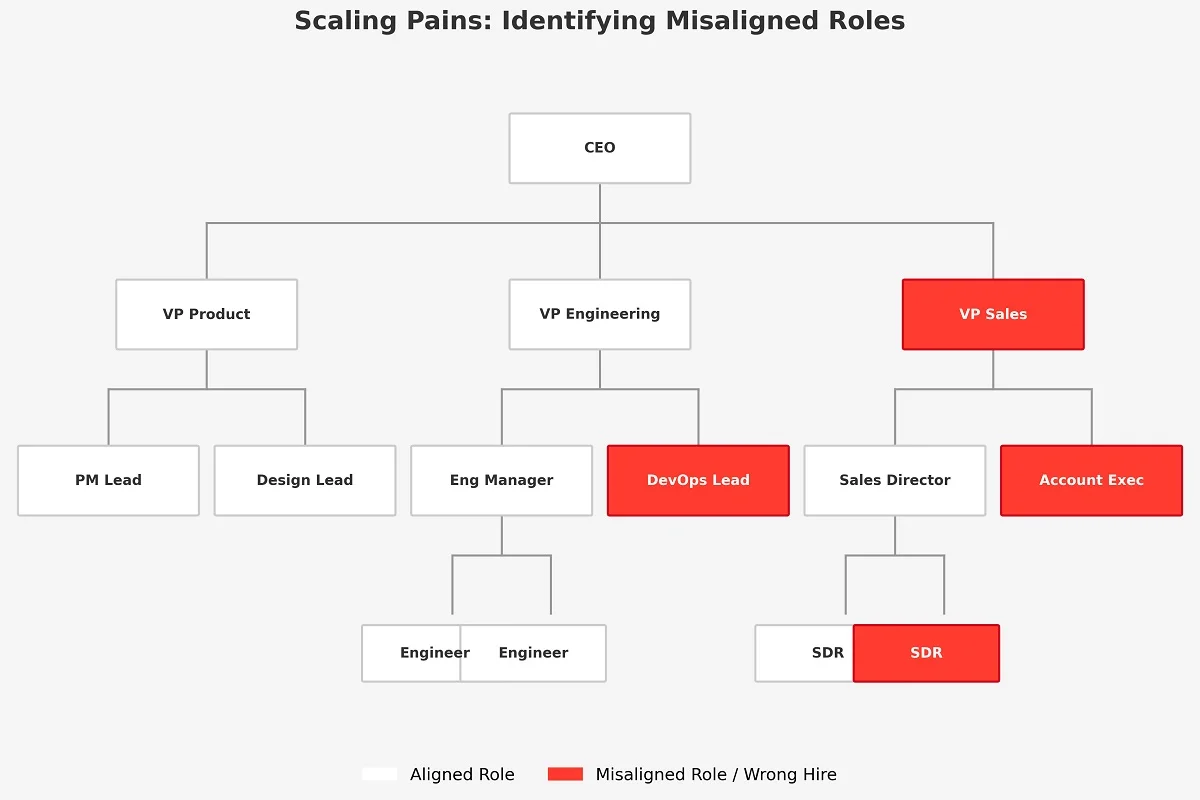 Business org chart showing the impact of hiring mistakes during rapid company growth