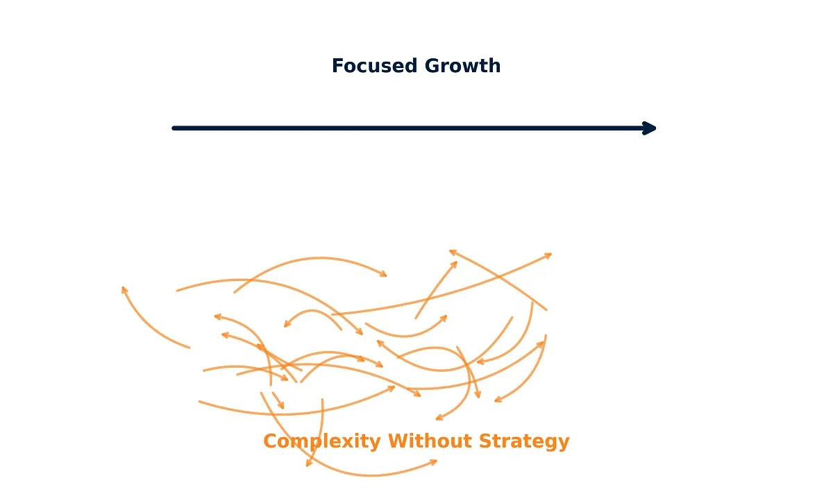Diagram illustrating the difference between focused business growth and complexity caused by scaling too fast