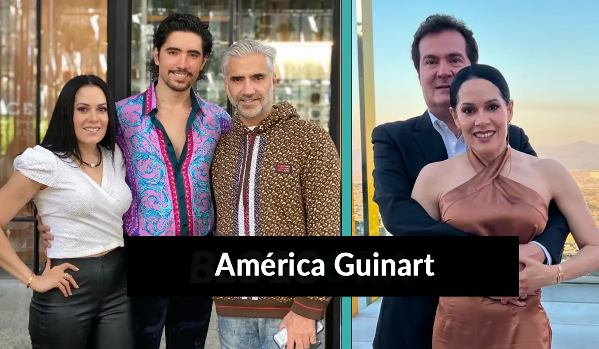 América Guinart with son Alejandro Jr. and ex-husband Alejandro Fernández, and with current husband Álvaro Favier