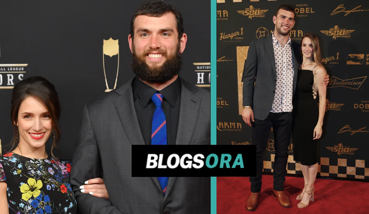 Nicole Pechanec and Andrew Luck posing together at a formal red carpet event