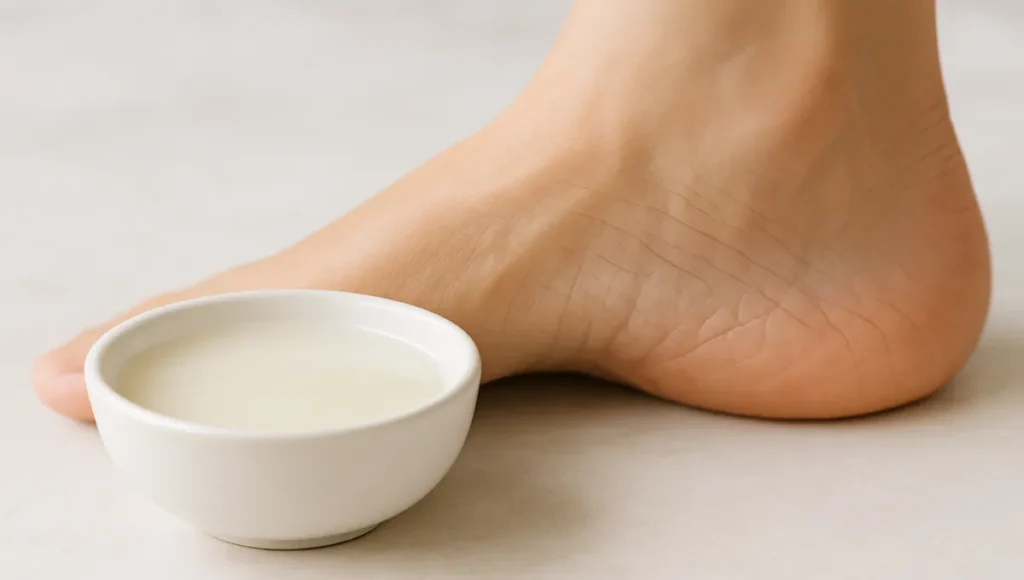 Fresh green papaya with white sap dripping onto a bowl for natural heel care