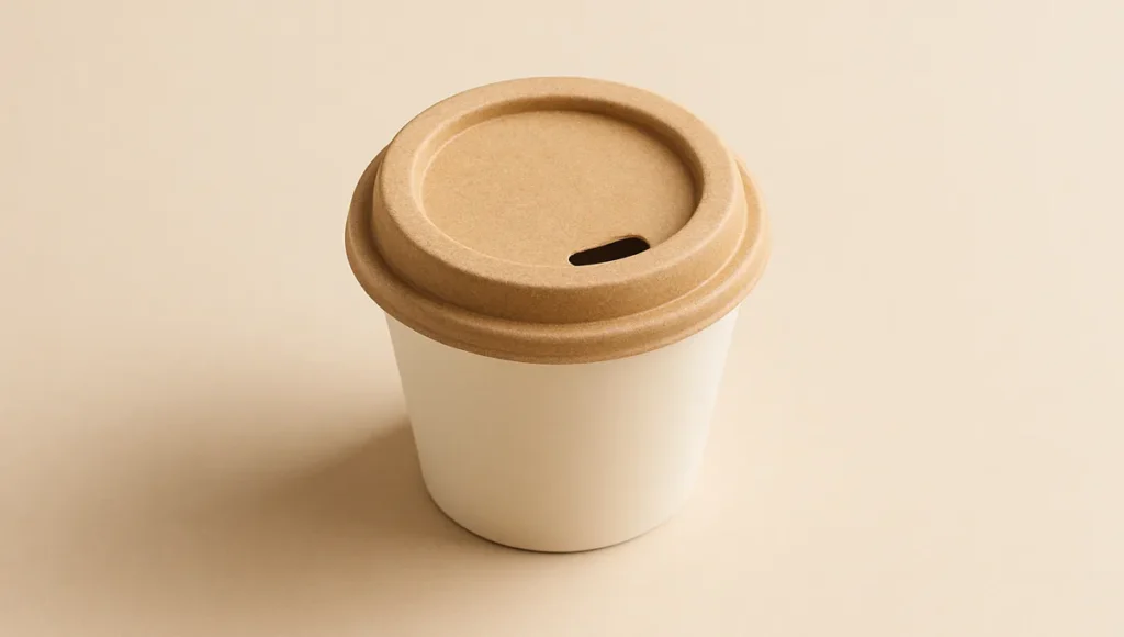 Cardboard pappedeckel lid sitting on a hot coffee cup showing an eco-friendly alternative to plastic lids.