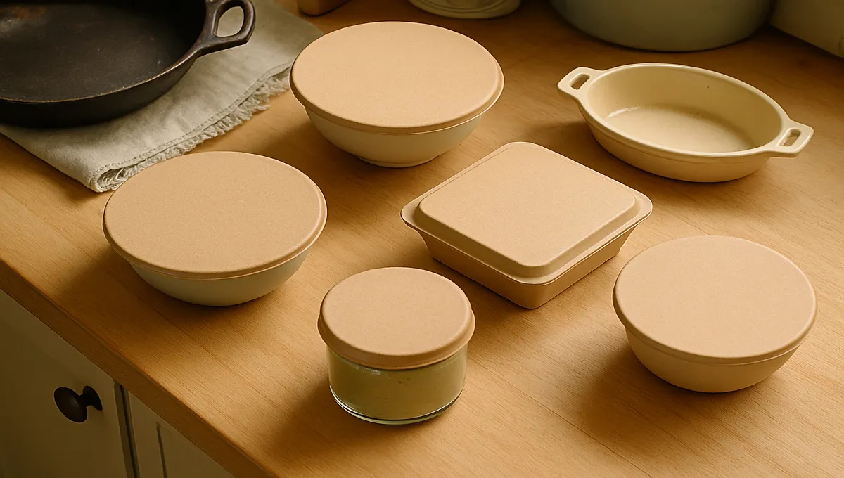 Pappedeckel cardboard lids in home kitchen covering bowls and jars
