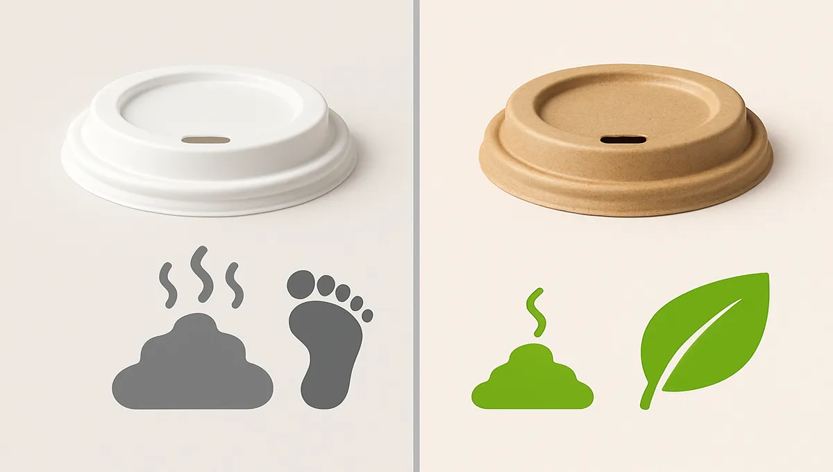 Comparison of plastic and cardboard lids showing environmental impact and recyclability