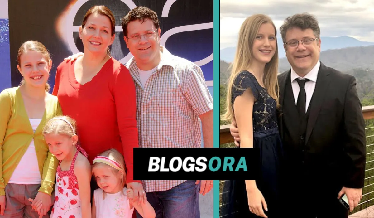 Isabella Louise Astin with her father Sean Astin and family in two side-by-side photos