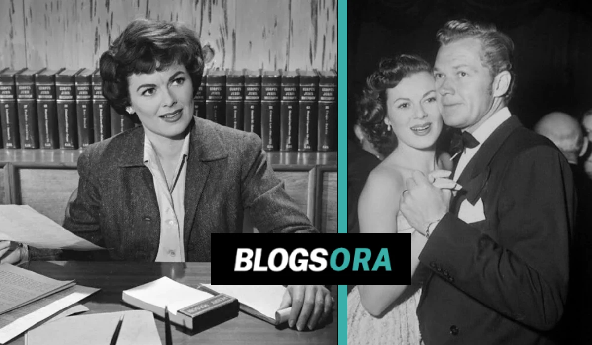 Juanita Katt's parents Barbara Hale at work desk and Bill Williams with Barbara at a Hollywood event