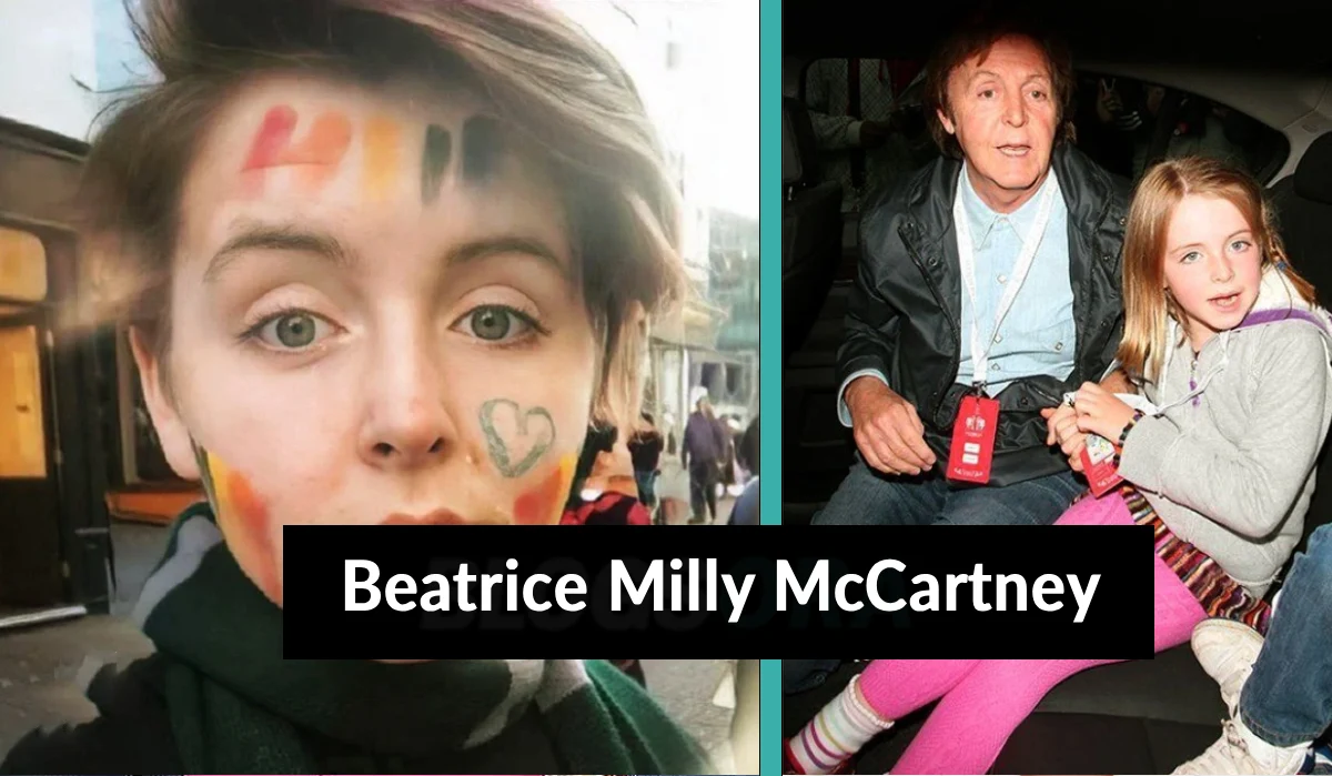 Beatrice Milly McCartney with father Paul McCartney as a child and a recent photo with face paint