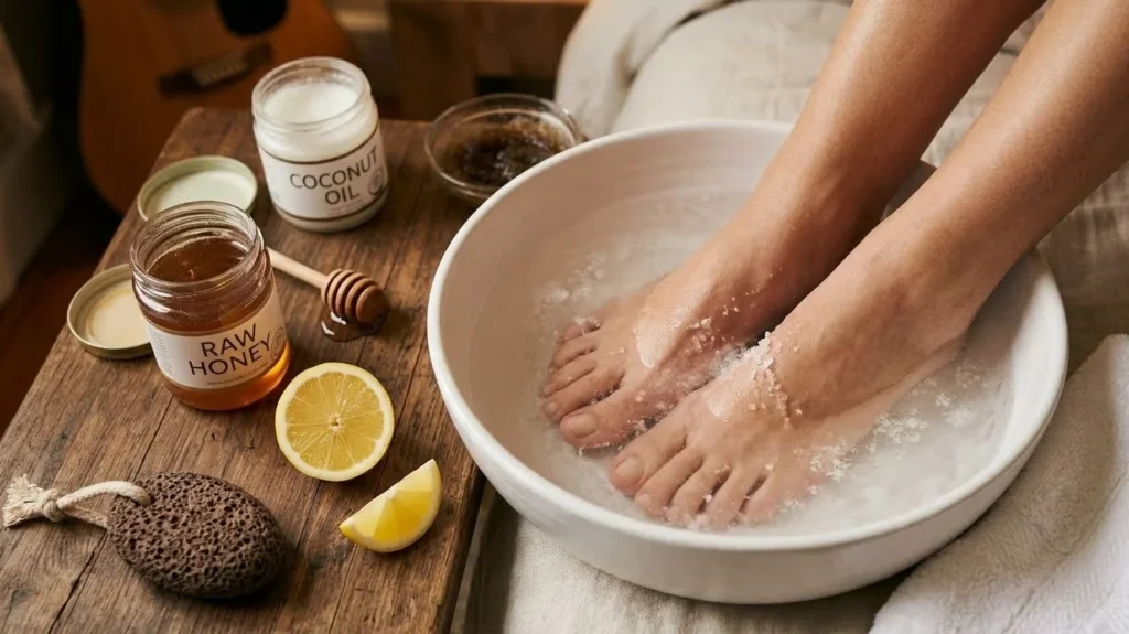 Woman soaking feet in warm water with natural ingredients to heal cracked heels
