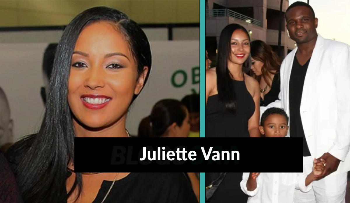 Juliette Vann smiling at an event and posing with Darius McCrary and their child