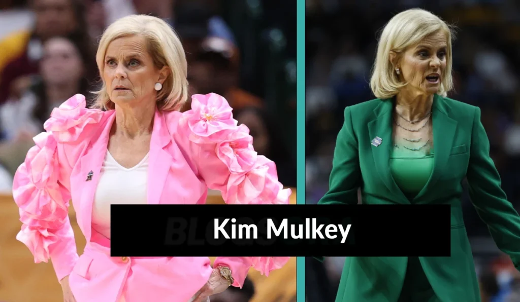 Kim Mulkey wearing a pink ruffled blazer and a green suit on the LSU sideline during college basketball games