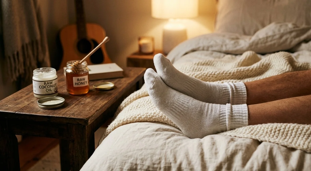 Feet in white cotton socks after applying coconut oil overnight for cracked heel healing