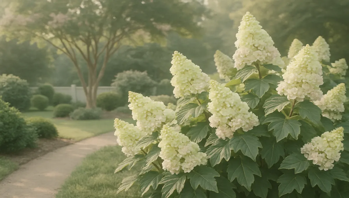 Southern garden with blooming oakleaf hydrangeas in morning light Home