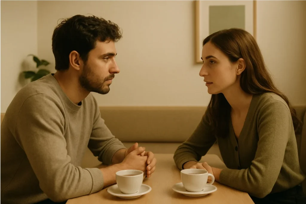 Person talking deeply with a close friend in a quiet setting