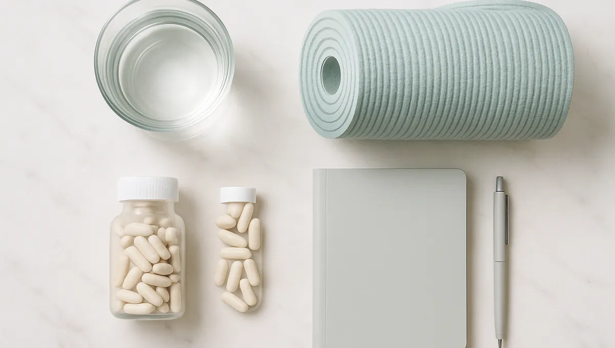 Daily wellness habits for digestive health including hydration, exercise, probiotics and routine tracking