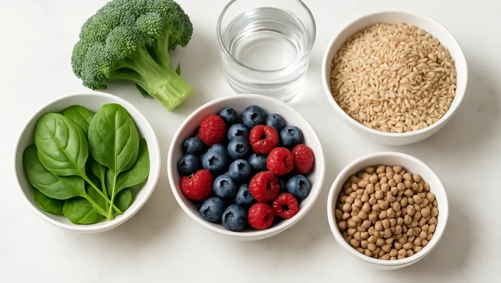 Fiber-rich foods for digestive health including vegetables, berries, whole grains, legumes and water