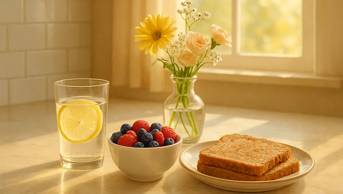 Healthy morning routine with water, fiber-rich breakfast foods and natural wellness habits
