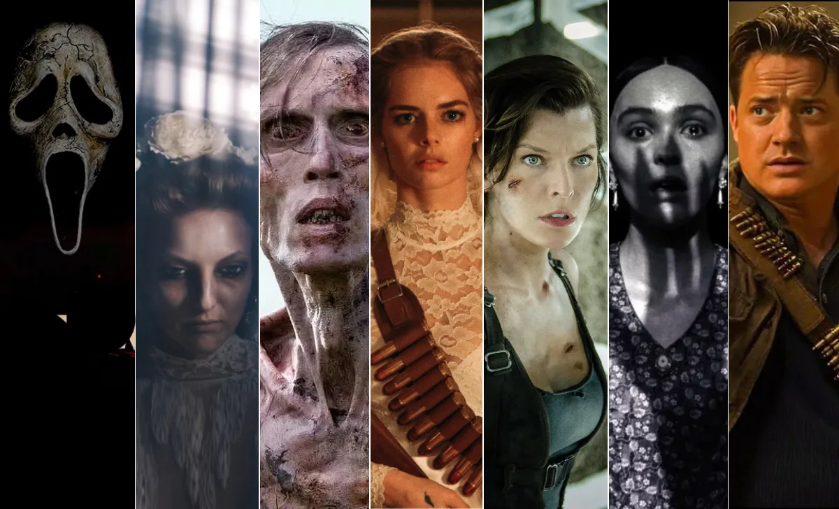2026 horror movies watchlist featuring Scream 7, The Bride, and five other must-see films in dark cinematic style