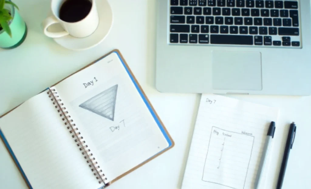 A step-by-step 7-day digital marketing plan visualized on a desk with a calendar, laptop, and notebook.