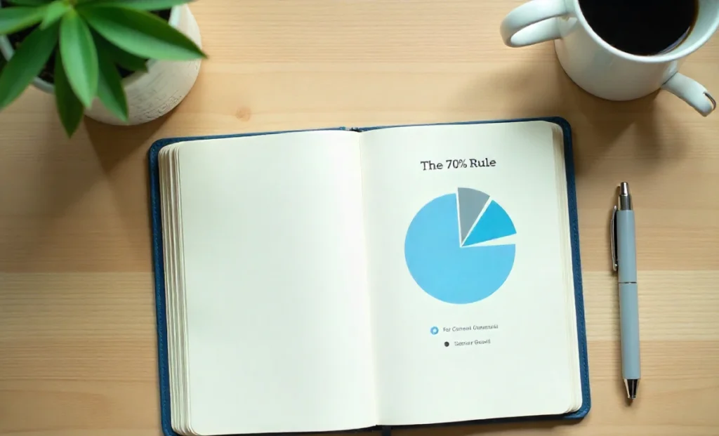 A modern flat-lay photo illustrating the 70% Rule for a balanced lifestyle, featuring a notebook, a 70/30 pie chart, and icons for work, health, and relationships on a wooden desk.