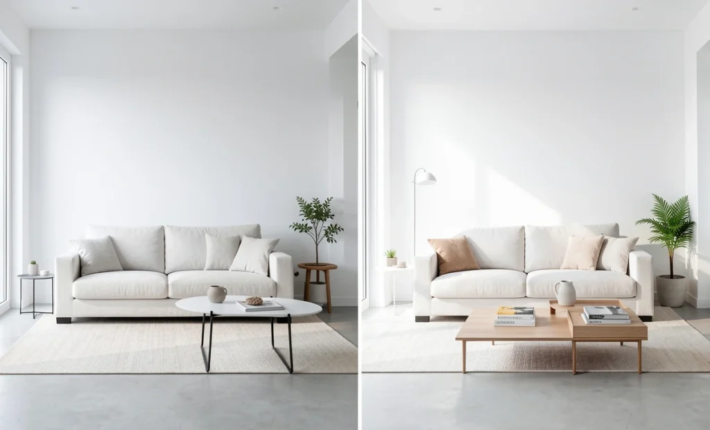 Before-and-after split image of a luxury living room transformed in a 90-day renovation plan from minimalist to maximalist design.