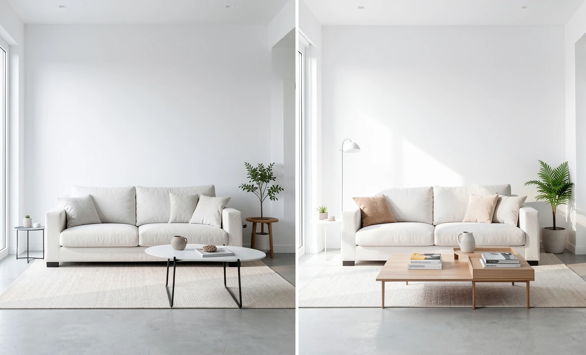 90-day-luxury-home-renovation-plan-before-after Before-and-after split image of a luxury living room transformed in a 90-day renovation plan from minimalist to maximalist design.