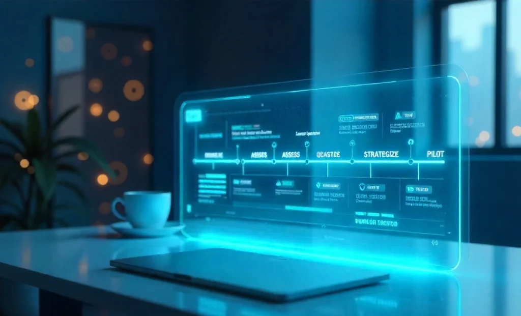 A professional 90-day tech disruption plan visualized as a futuristic holographic Gantt chart on a modern workspace.