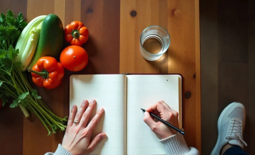 person planning realistic health goals with notebook and healthy food on table