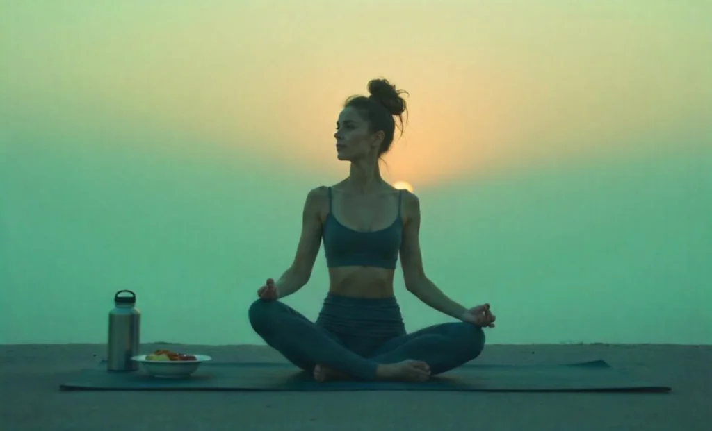A person practicing mindful morning yoga with healthy food, representing a holistic health and wellness routine.